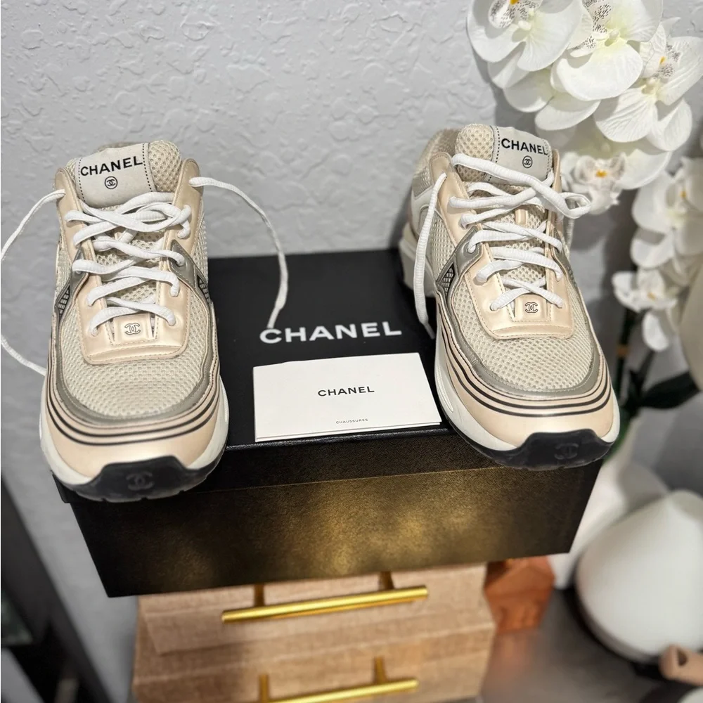 CHANEL Cream White Beige Mesh Logo Sneakers